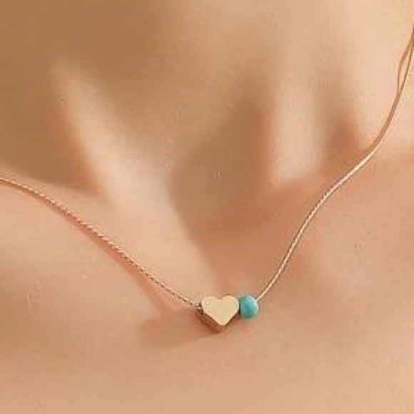 Heart Pendant Necklace with light blue bead on Gold Tone Chain - Picture 7 of 7